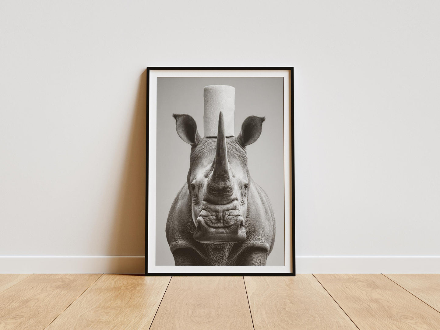 Funny rhino bathroom print with toilet paper roll on head black and white wall art