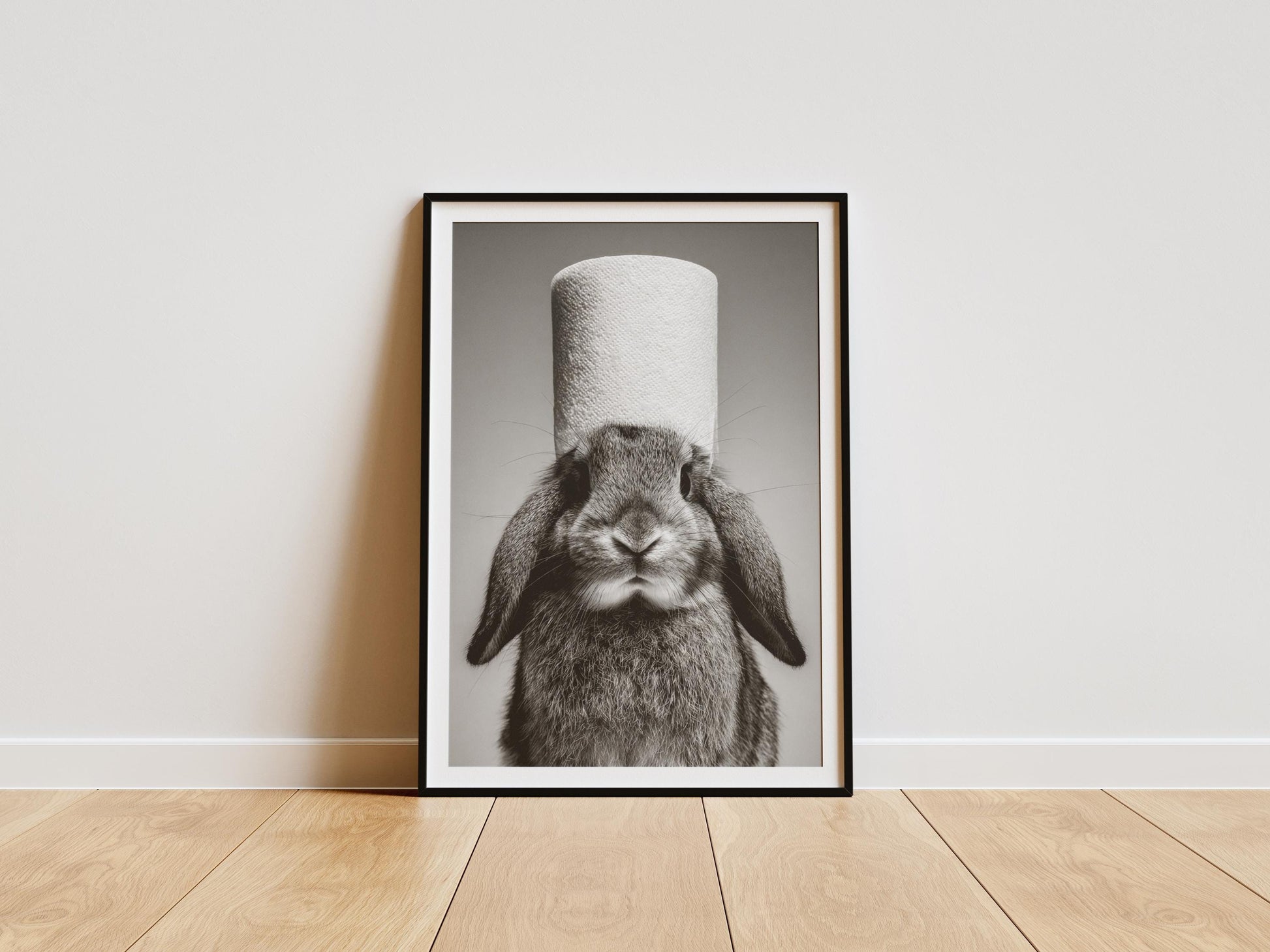 funny rabbit bathroom wall art black and white bunny print for animal lovers.