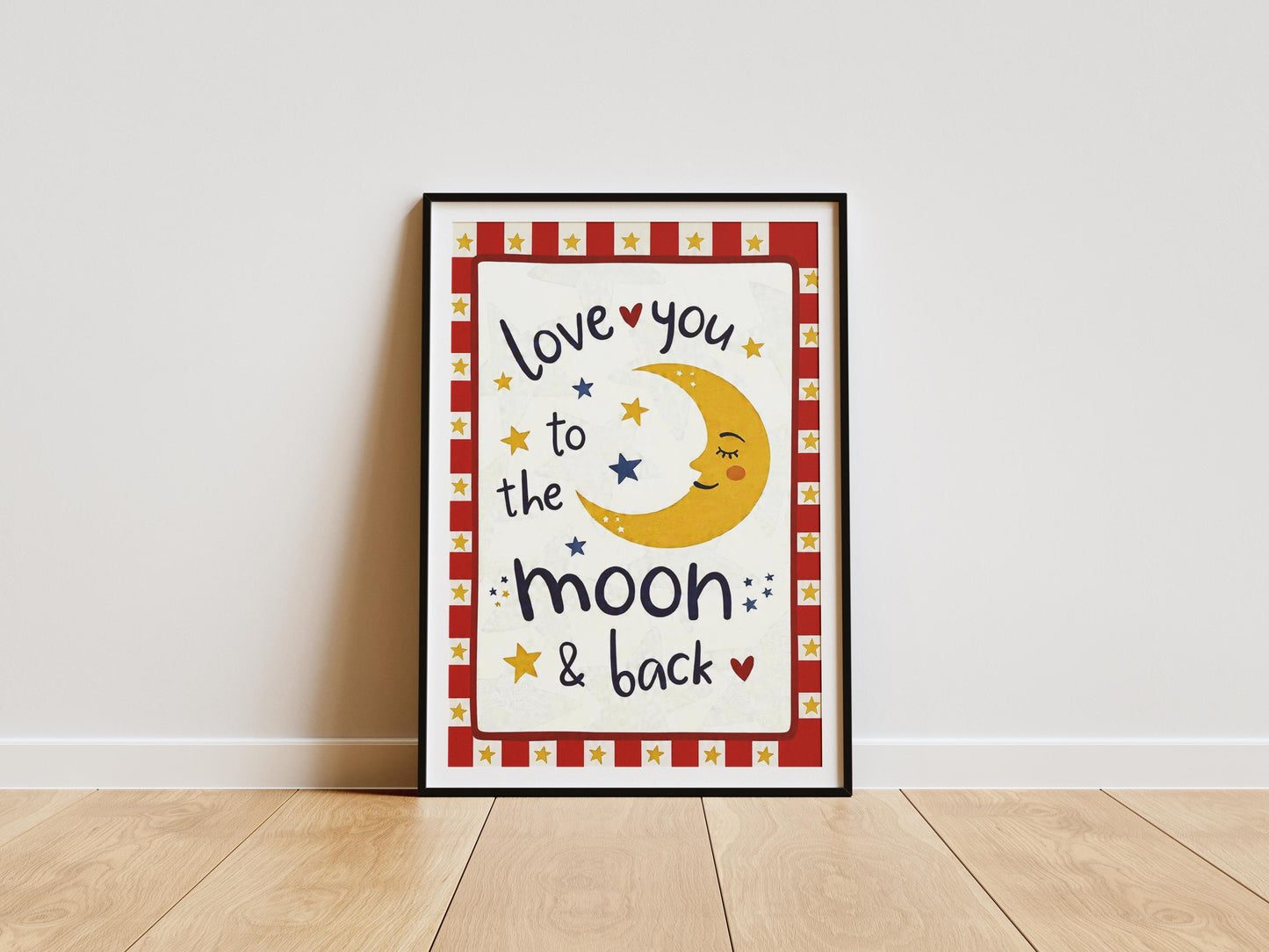 Love you to the moon and back nursery wall art print with moon and stars design for kids room decor