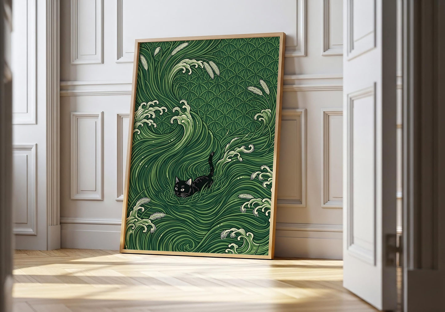 Black Cat Japanese Wave Art Print – Ukiyo-e Inspired Green Poster