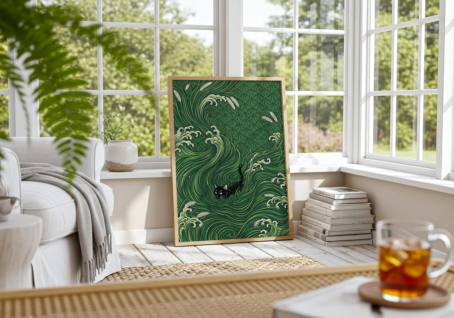 Black Cat Japanese Wave Art Print – Ukiyo-e Inspired Green Poster