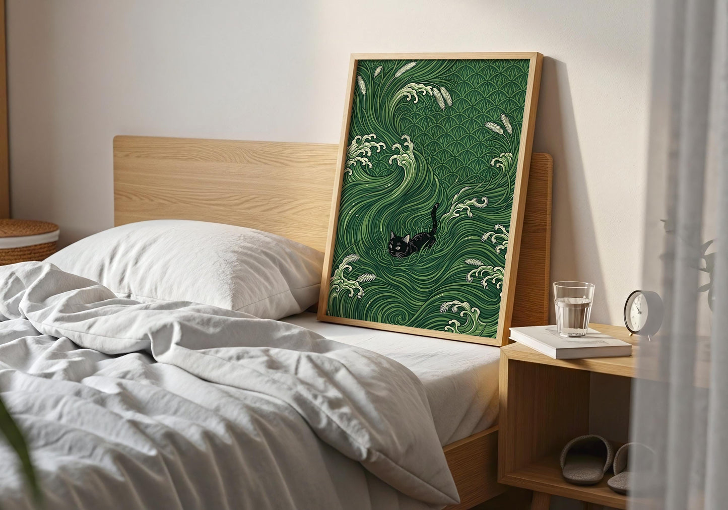 Black Cat Japanese Wave Art Print – Ukiyo-e Inspired Green Poster