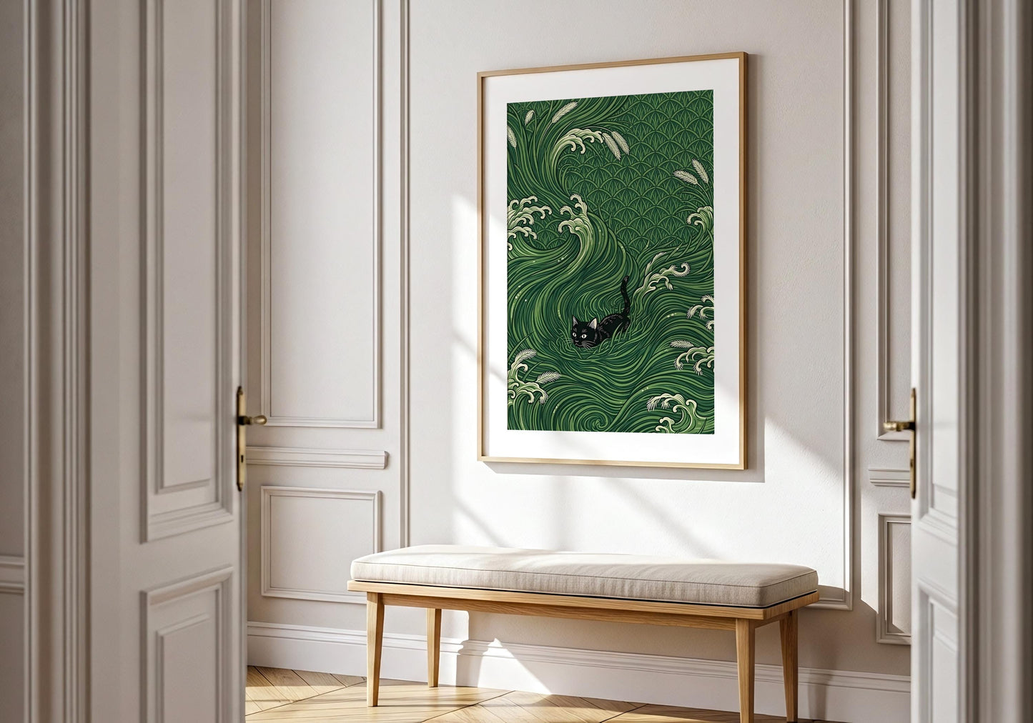 Black Cat Japanese Wave Art Print – Ukiyo-e Inspired Green Poster
