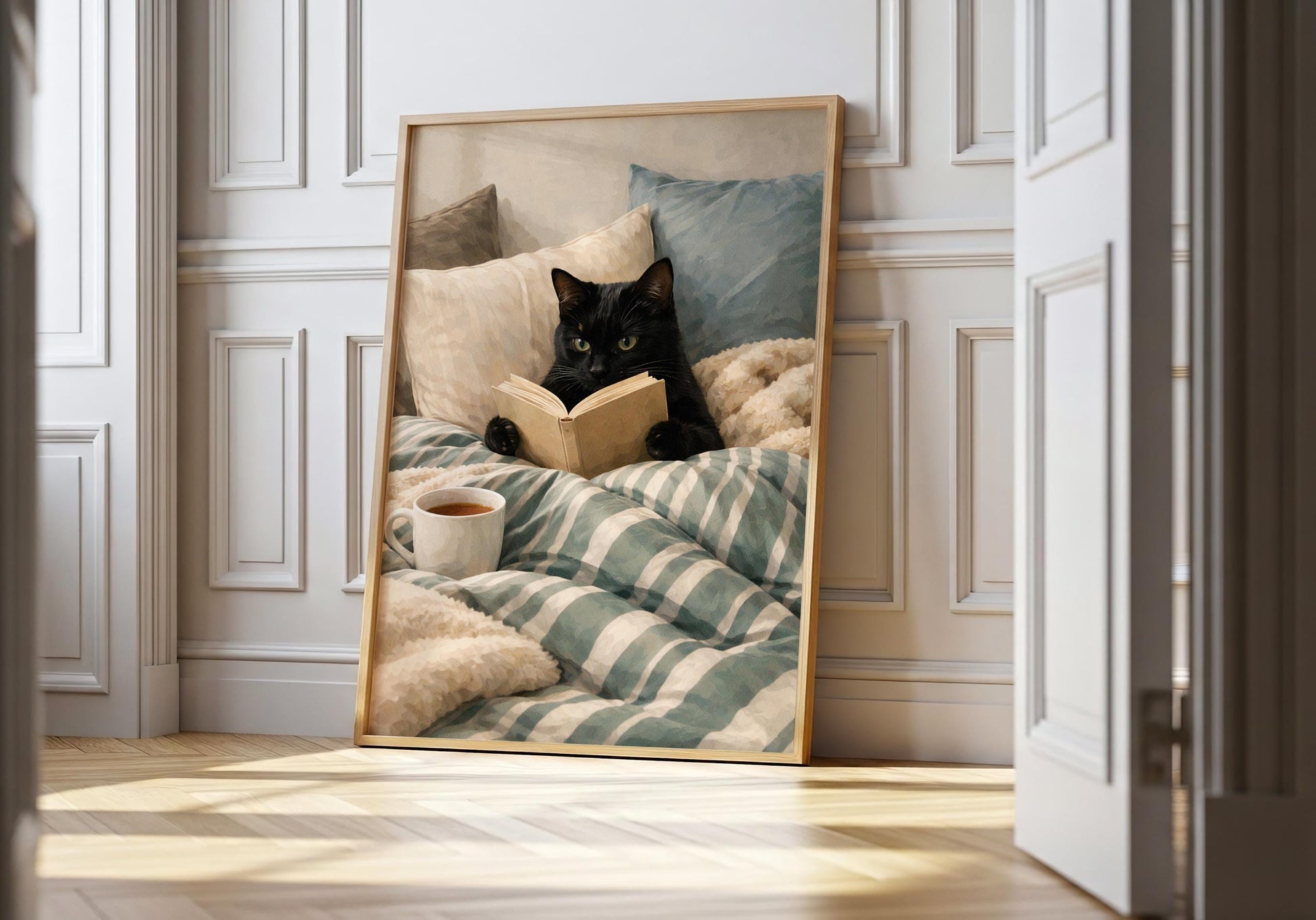 Black cat book art print with cozy bedding scene, hygge interior style