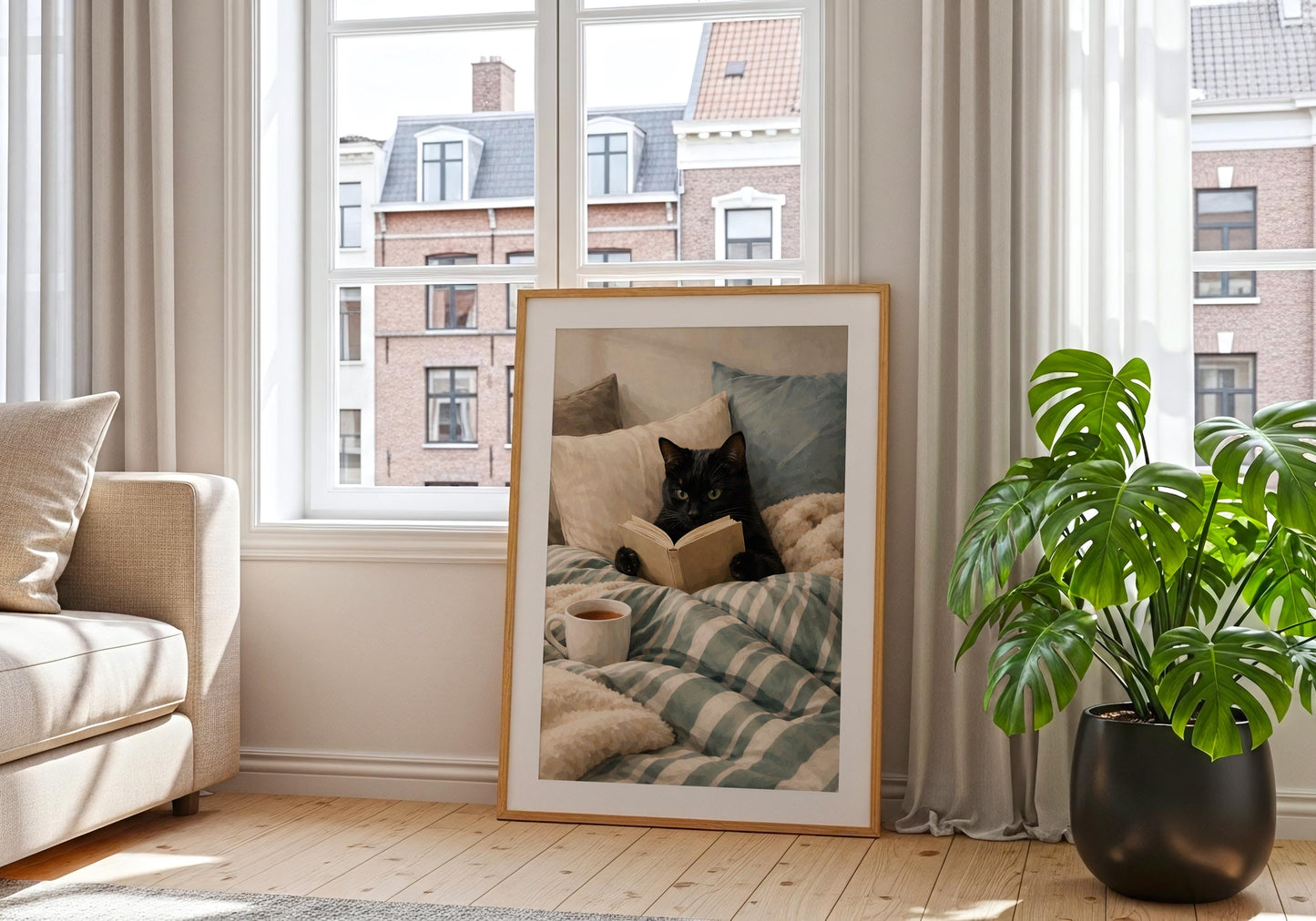 Cat reading illustration print, warm neutral bedroom wall decor