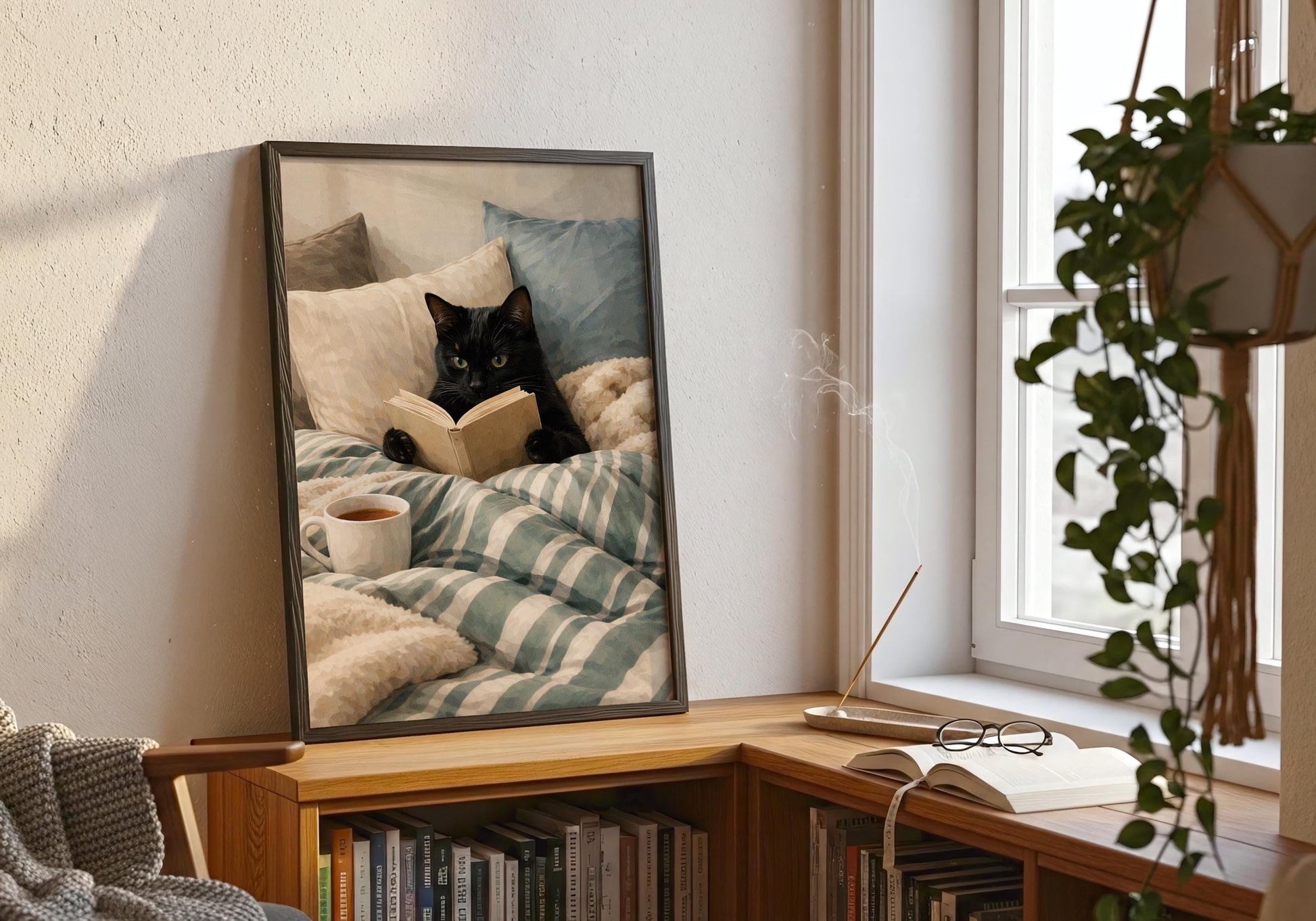 Literary wall art featuring cat reading book, perfect for reader gifts