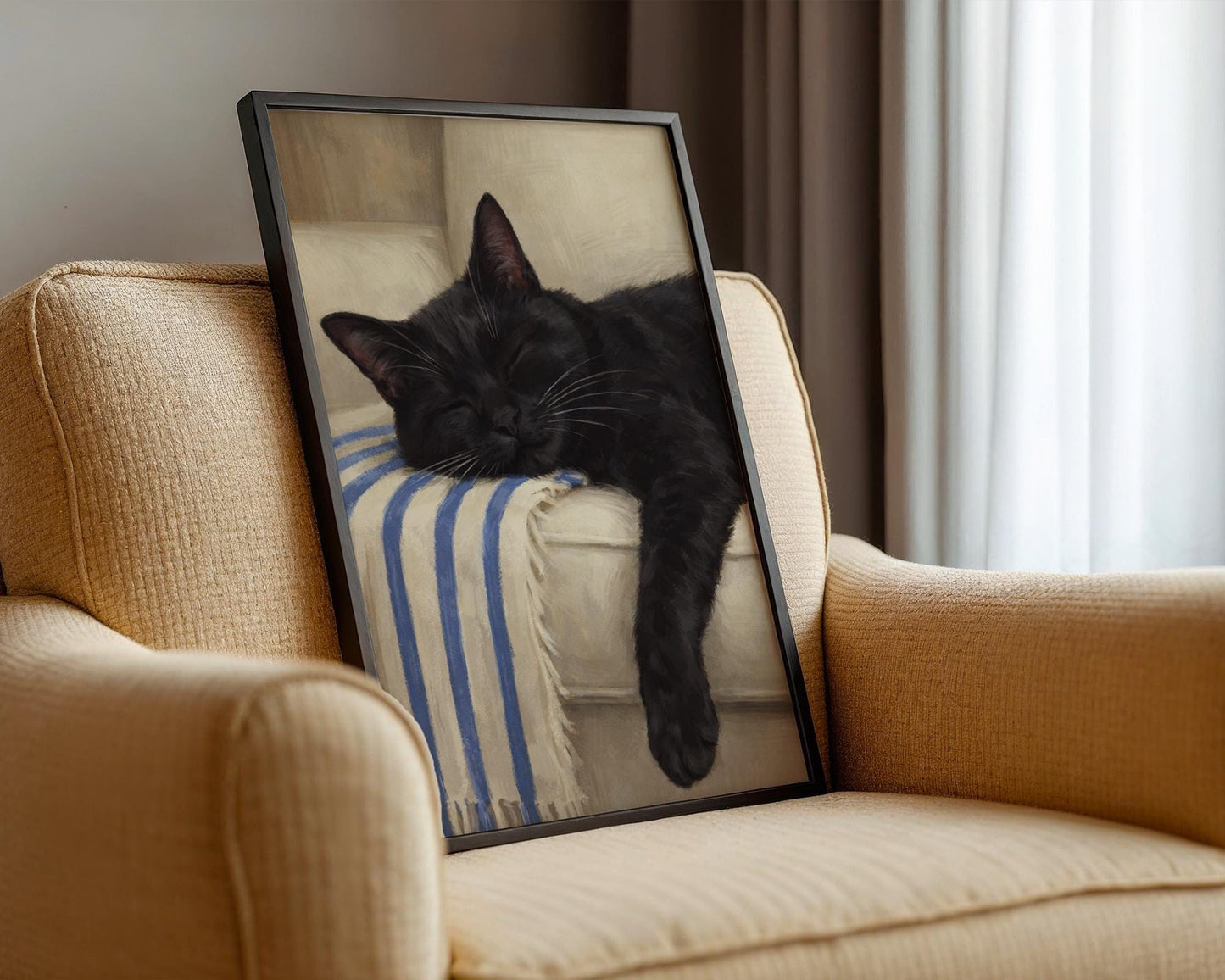 Minimalist cozy cat print, neutral tone wall art for bedroom or living room