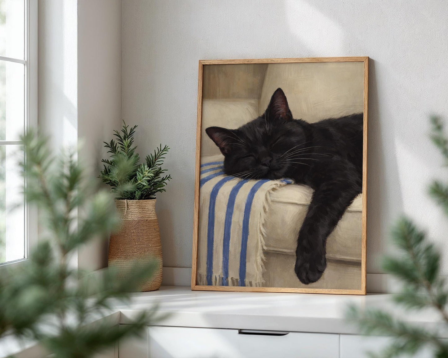 Relaxing black cat wall art with soft blanket, peaceful home decor print