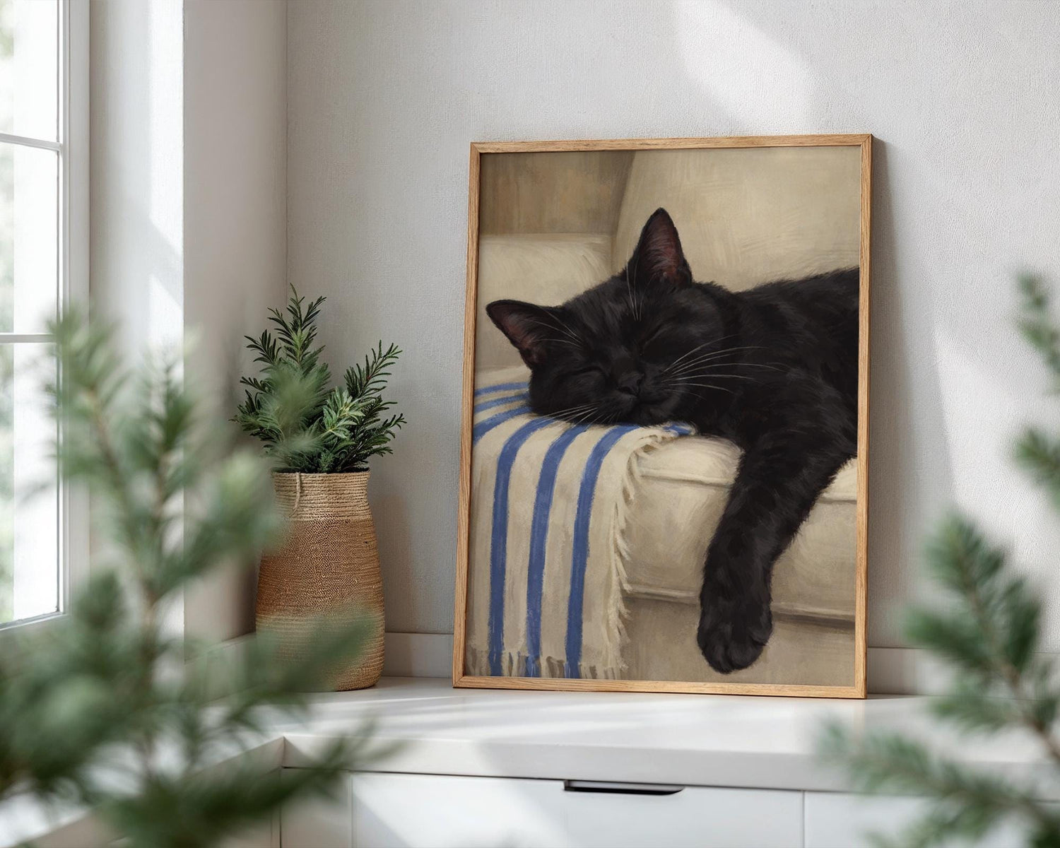 Relaxing black cat wall art with soft blanket, peaceful home decor print