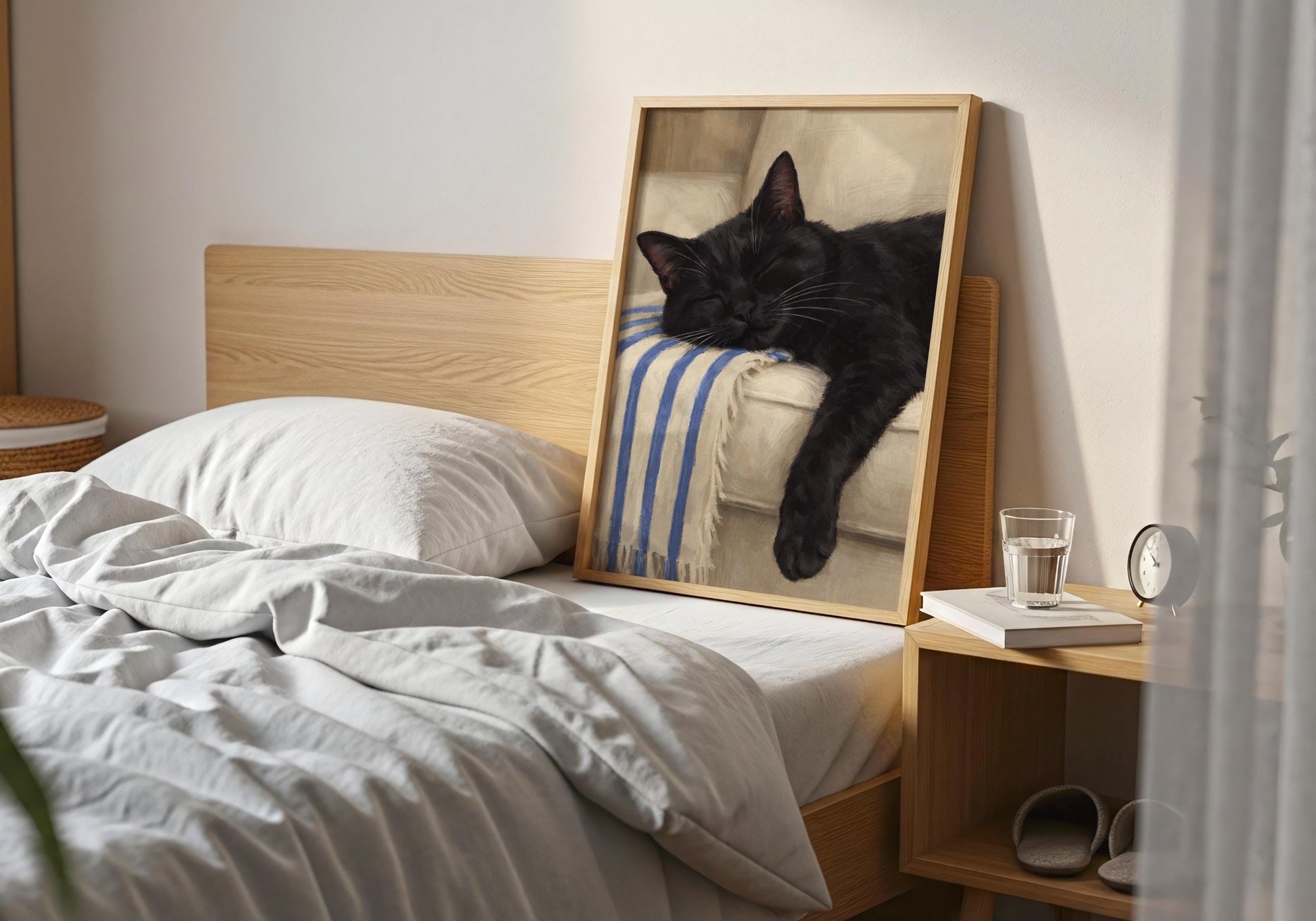 Cat lover gift wall art featuring sleeping black cat on couch