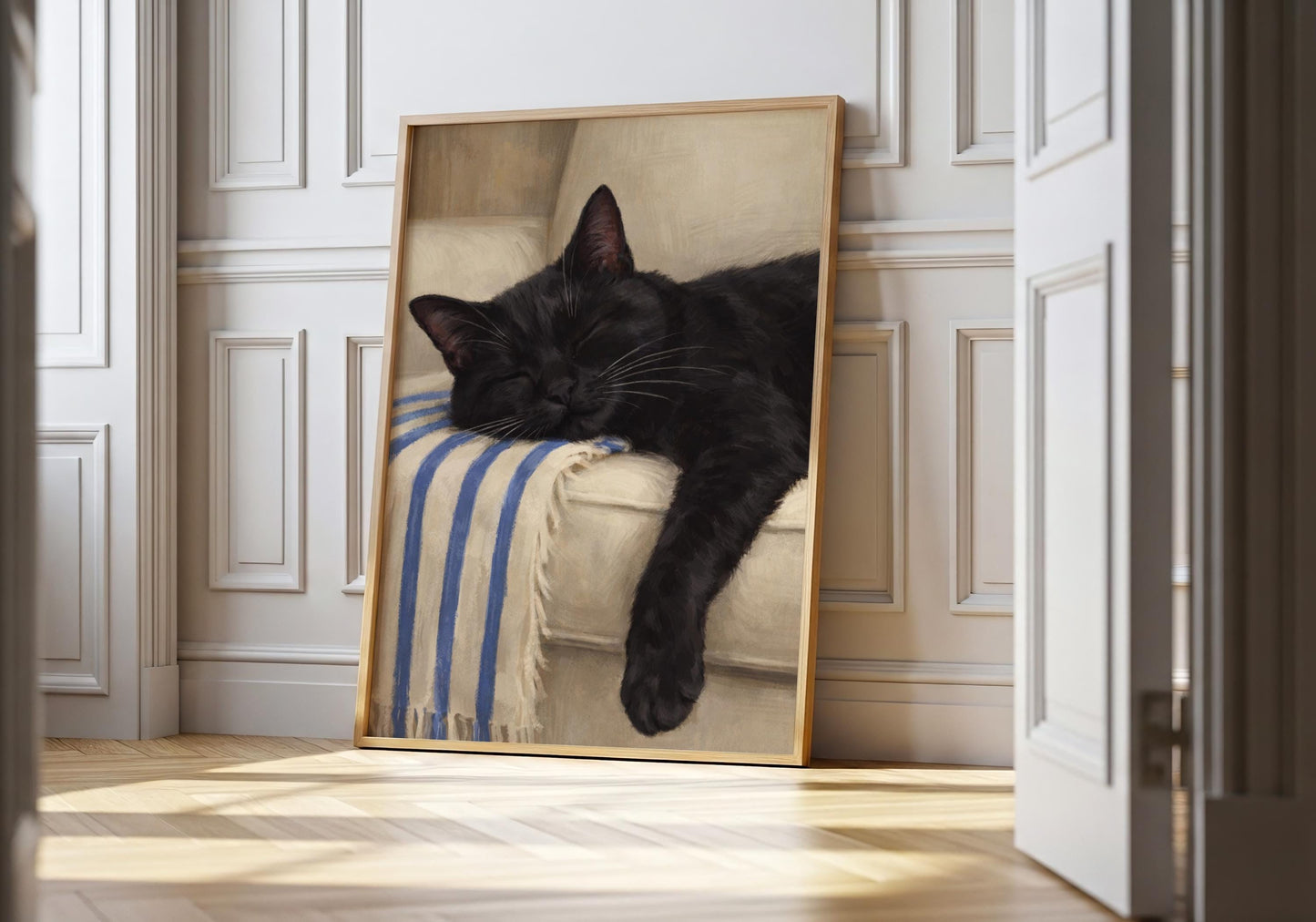 Cute sleeping cat wall decor, relaxing and tranquil cat lover art print