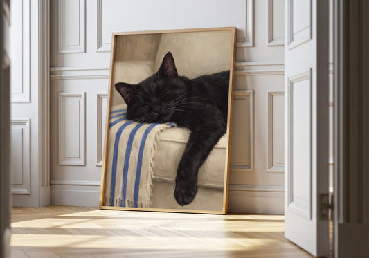 Cute sleeping cat wall decor, relaxing and tranquil cat lover art print
