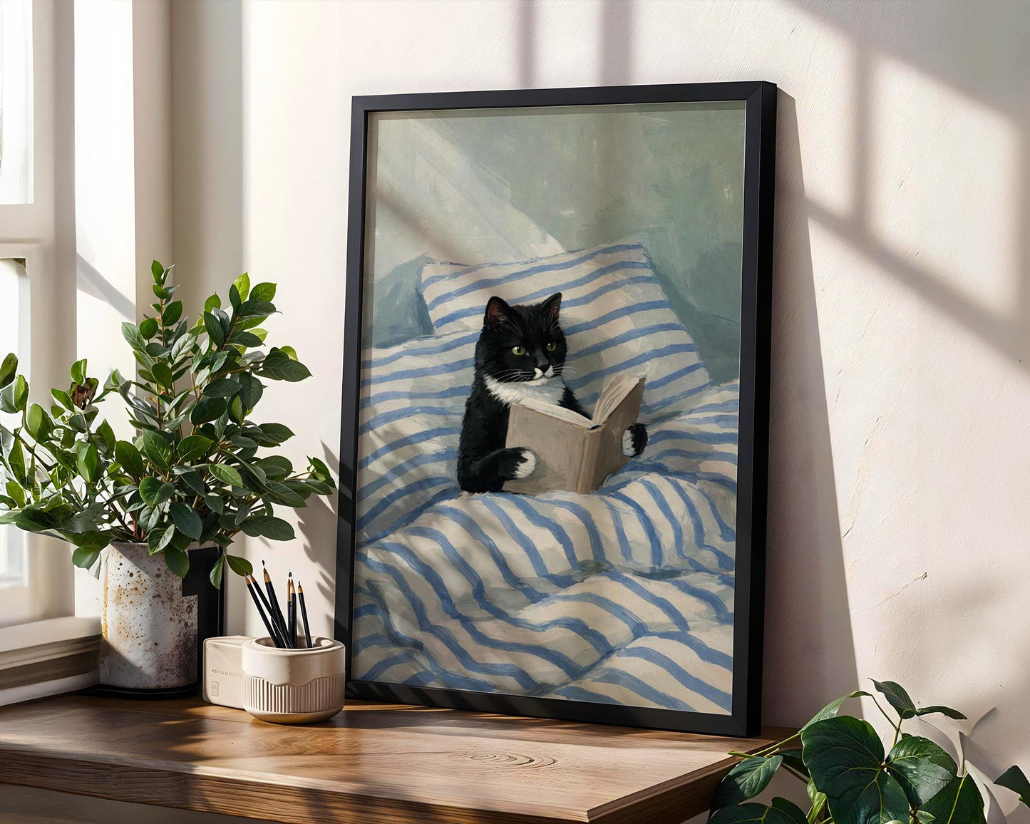 Cute cat reading wall art for book lovers, cozy and tranquil room decor