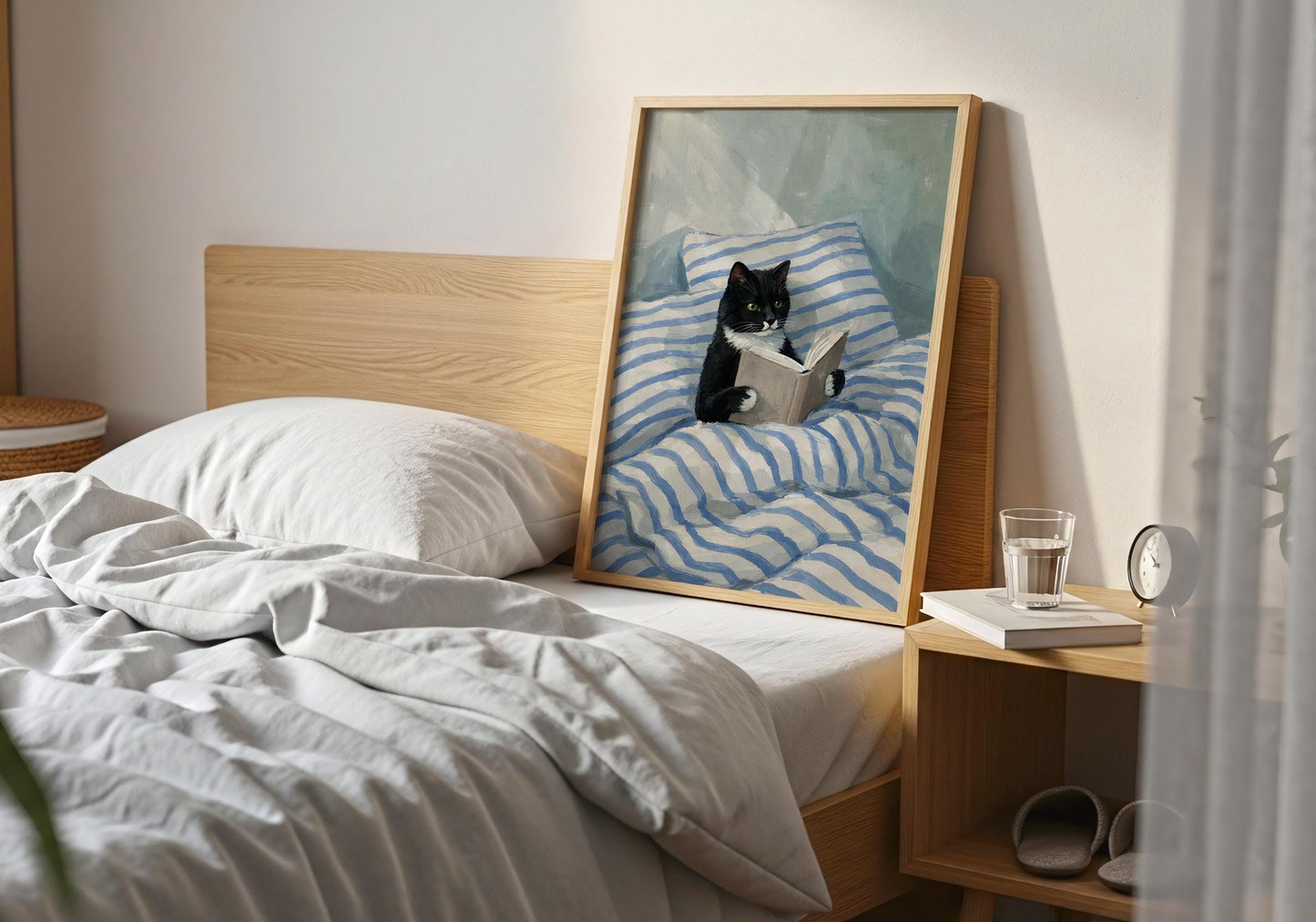 Minimalist reading cat wall art with soft neutral tones and blue accents