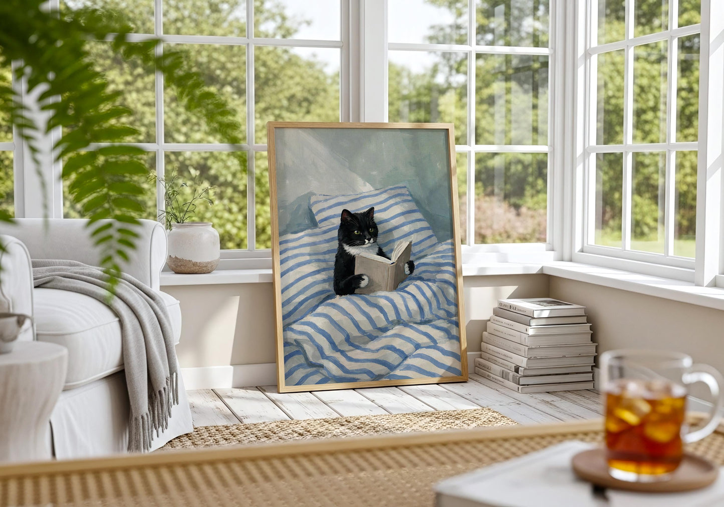 Reading cat illustration on bed, soft blue striped bedding wall art