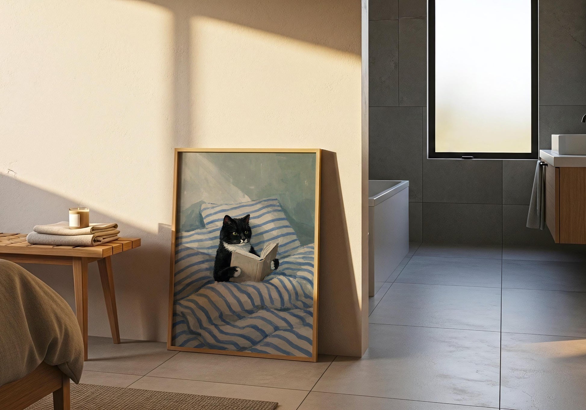 Book lover gift wall art featuring cat reading in cozy bed setting