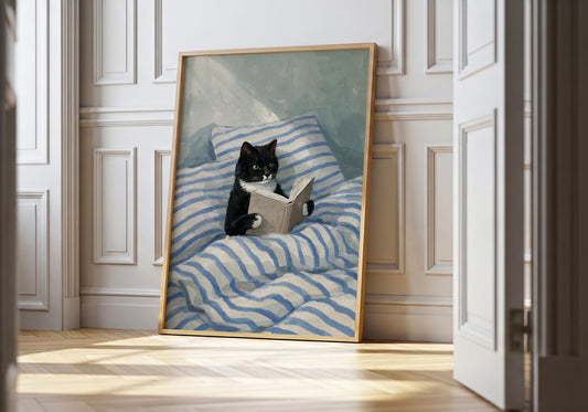 Black and white cat reading book wall art, cozy bedroom decor print