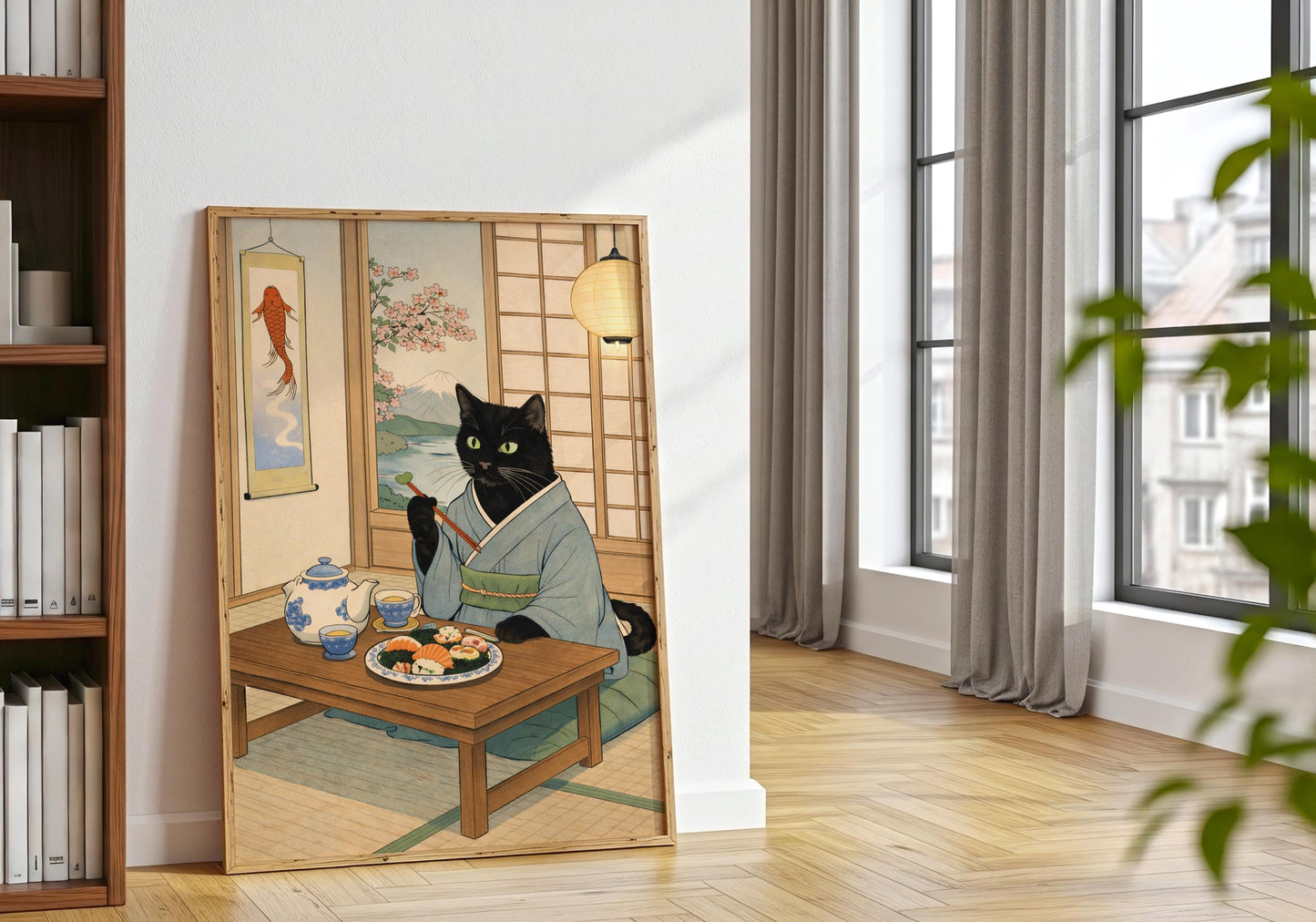 Sushi lover gift wall art with black cat illustration, Japanese style decor