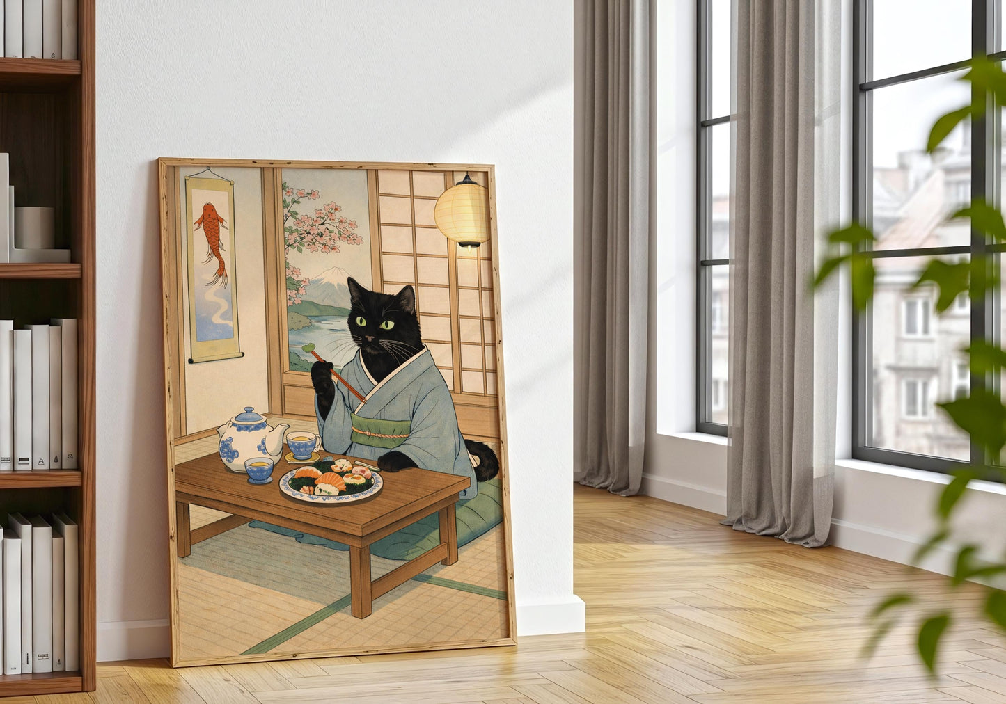 Black cat in kimono eating sushi illustration, Japanese aesthetic wall decor