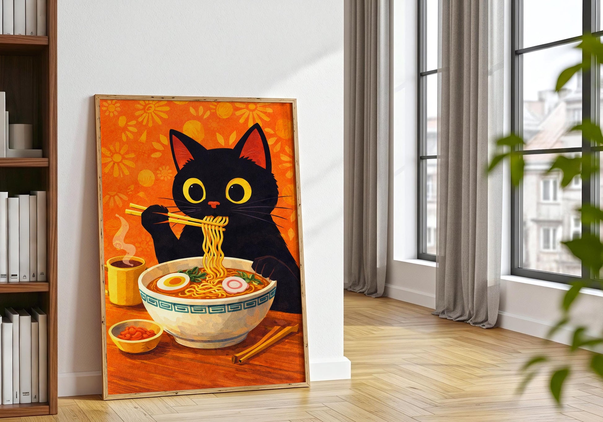 Ramen cat illustration print with chopsticks, Japanese food wall art