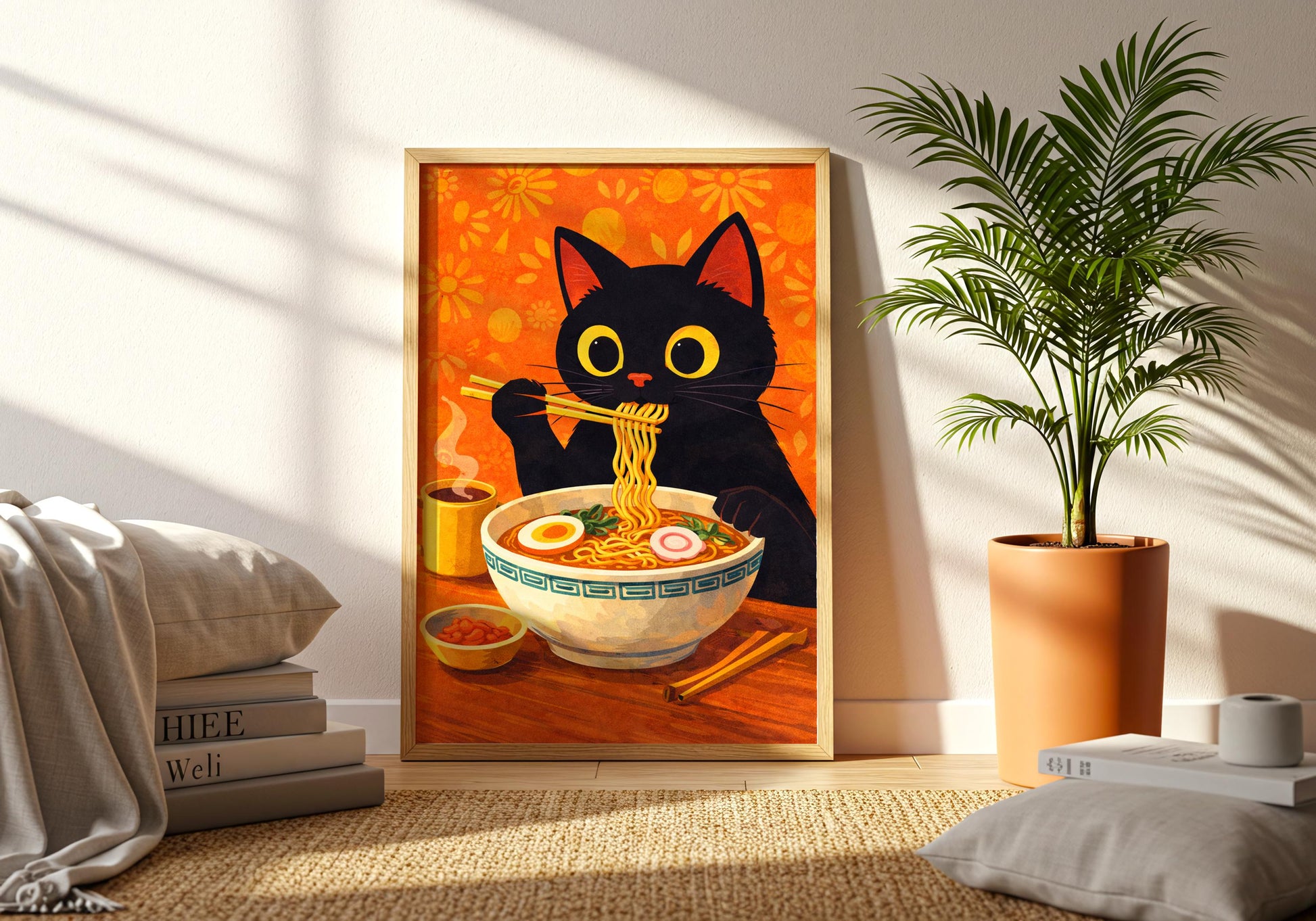 Japanese ramen cat illustration, playful cat lover gift wall art