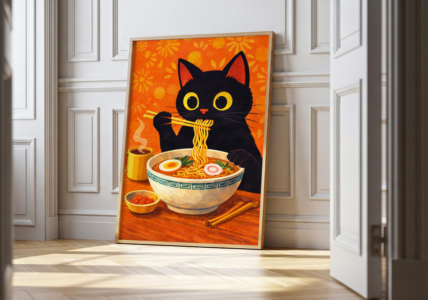 Black cat eating ramen wall art print, cute kawaii kitchen decor
