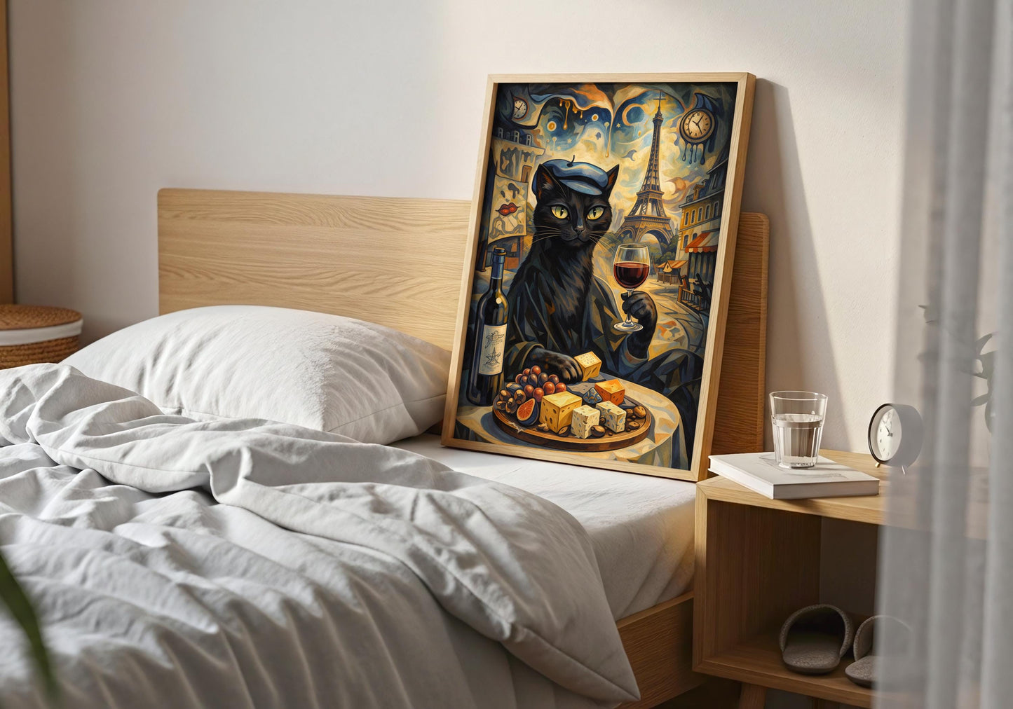 Black cat in Paris wall art holding wine glass, artistic surreal illustration