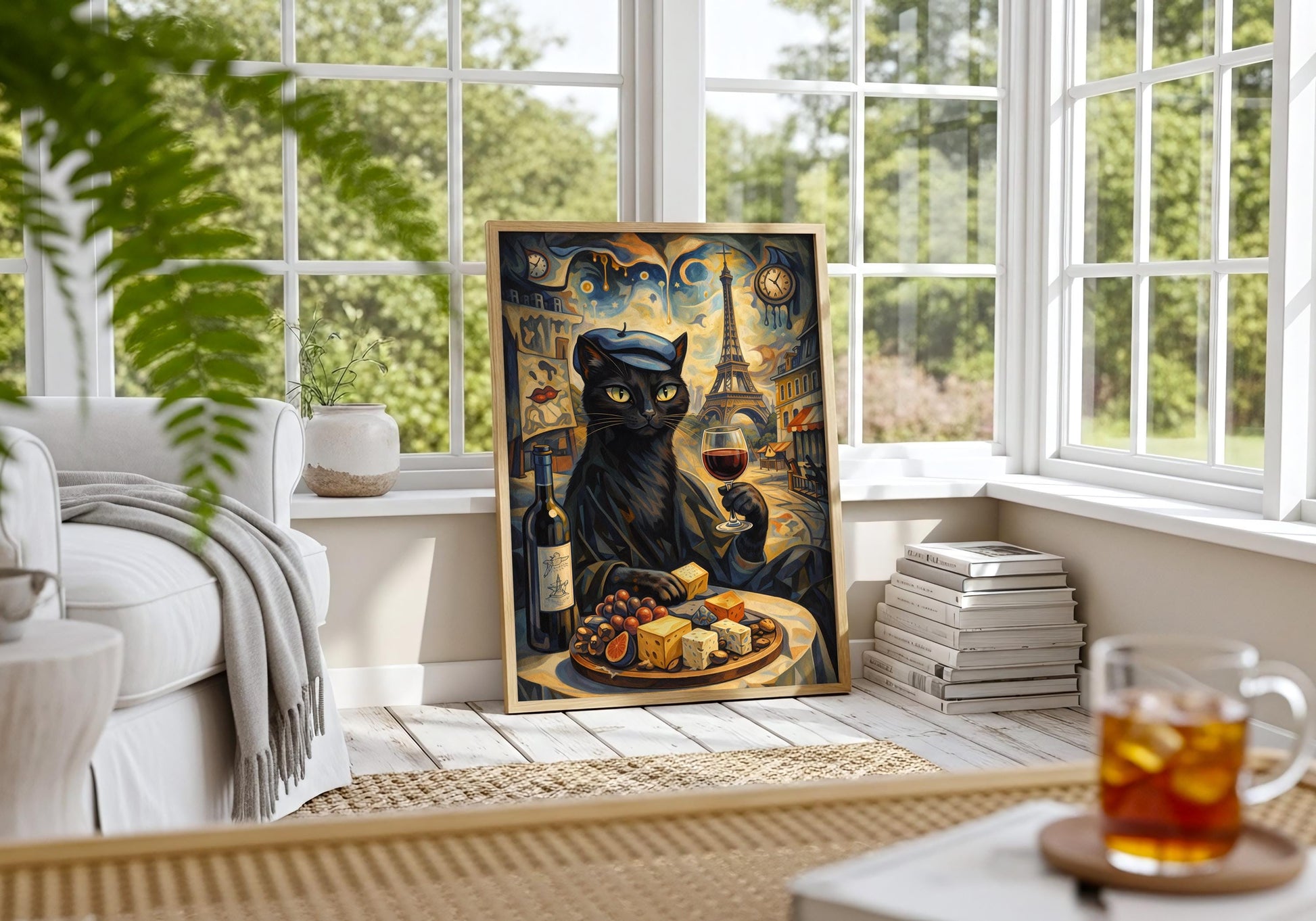 Paris cat art print with wine and cheese, European lifestyle decor