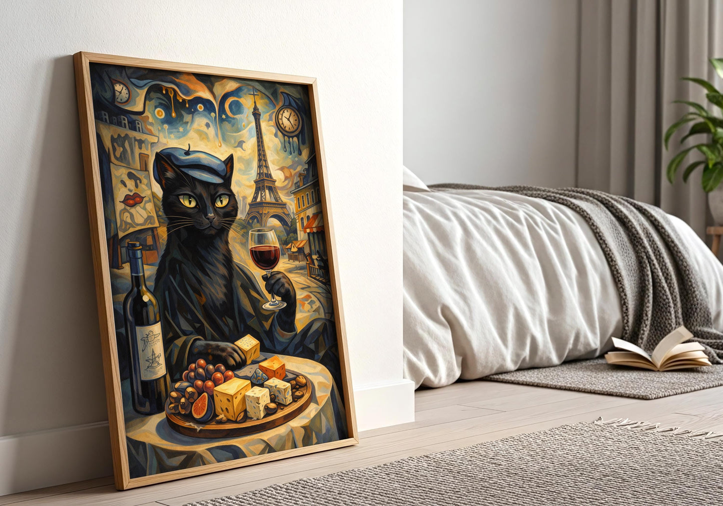 French cat drinking wine illustration, Paris cityscape wall art
