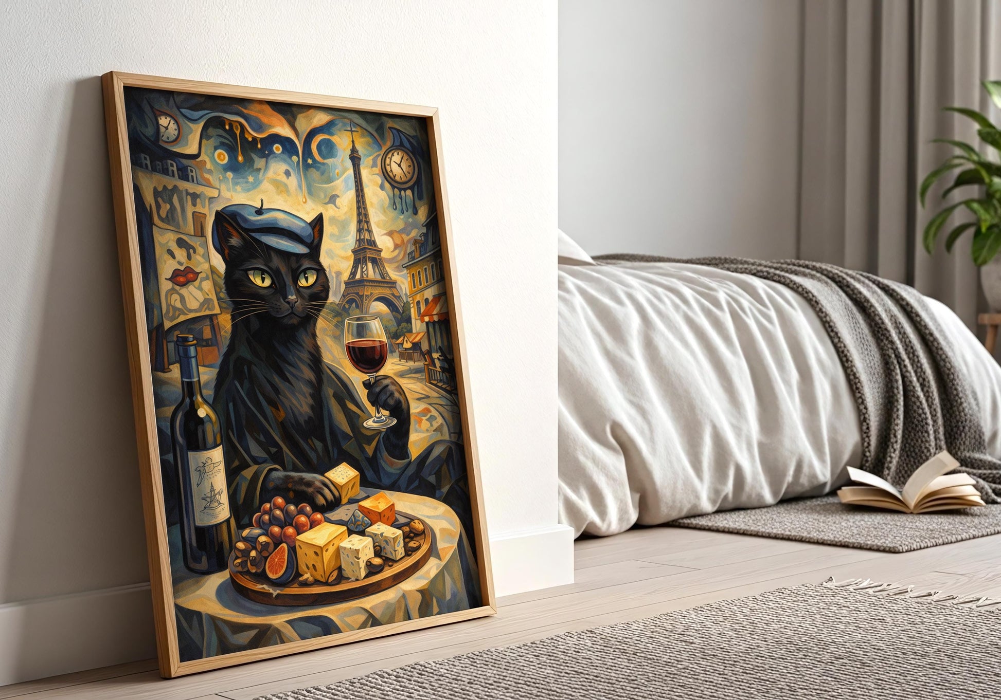 French cat drinking wine illustration, Paris cityscape wall art