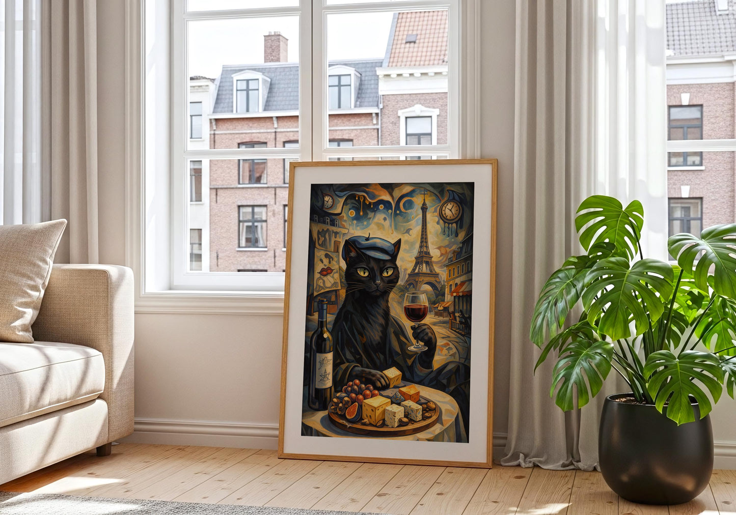 Paris themed cat print with Eiffel Tower, wine lover gift wall art