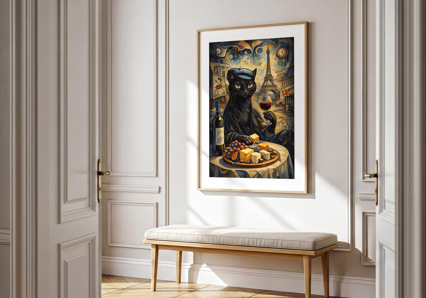 Wine and cheese cat wall art, French decor print with Eiffel Tower