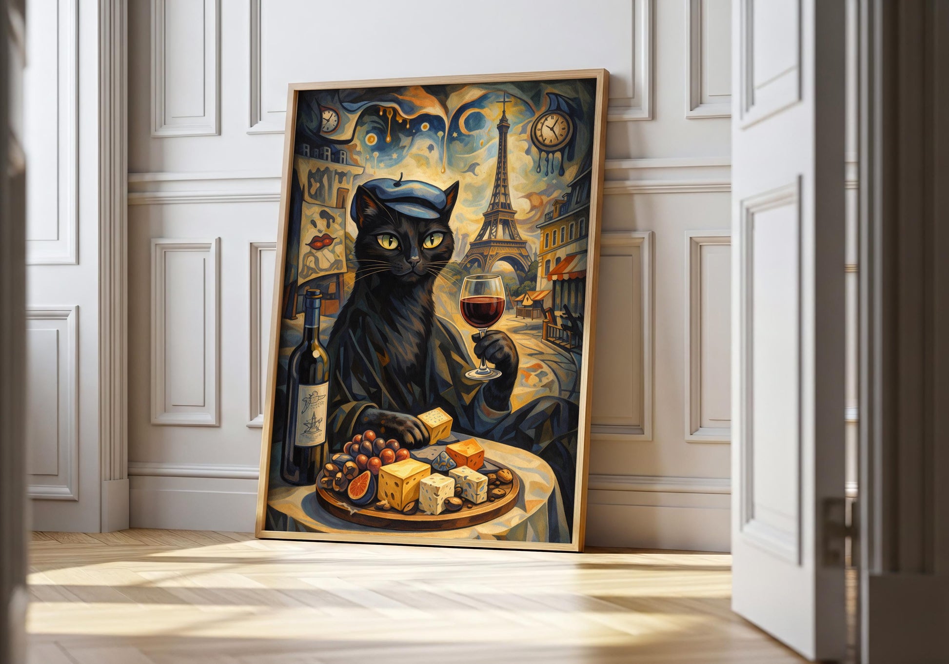 Black cat wine wall art with Eiffel Tower, Parisian aesthetic decor print