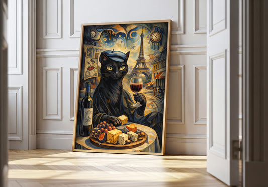Black cat wine wall art with Eiffel Tower, Parisian aesthetic decor print