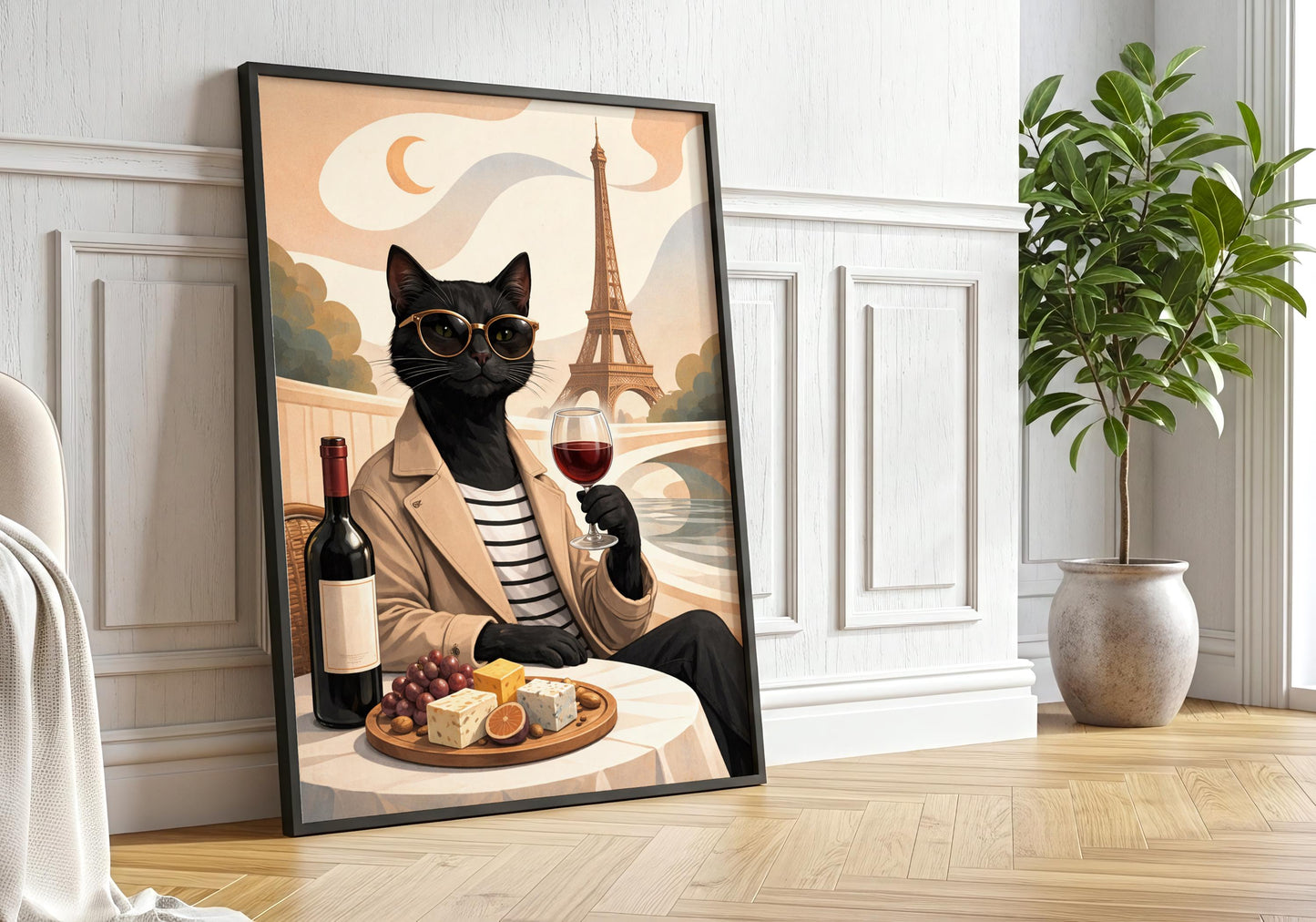 Fashionable cat in sunglasses drinking wine, Paris wall art print