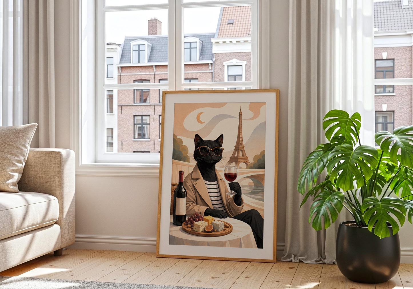 Modern Paris cat illustration with wine glass, elegant home decor