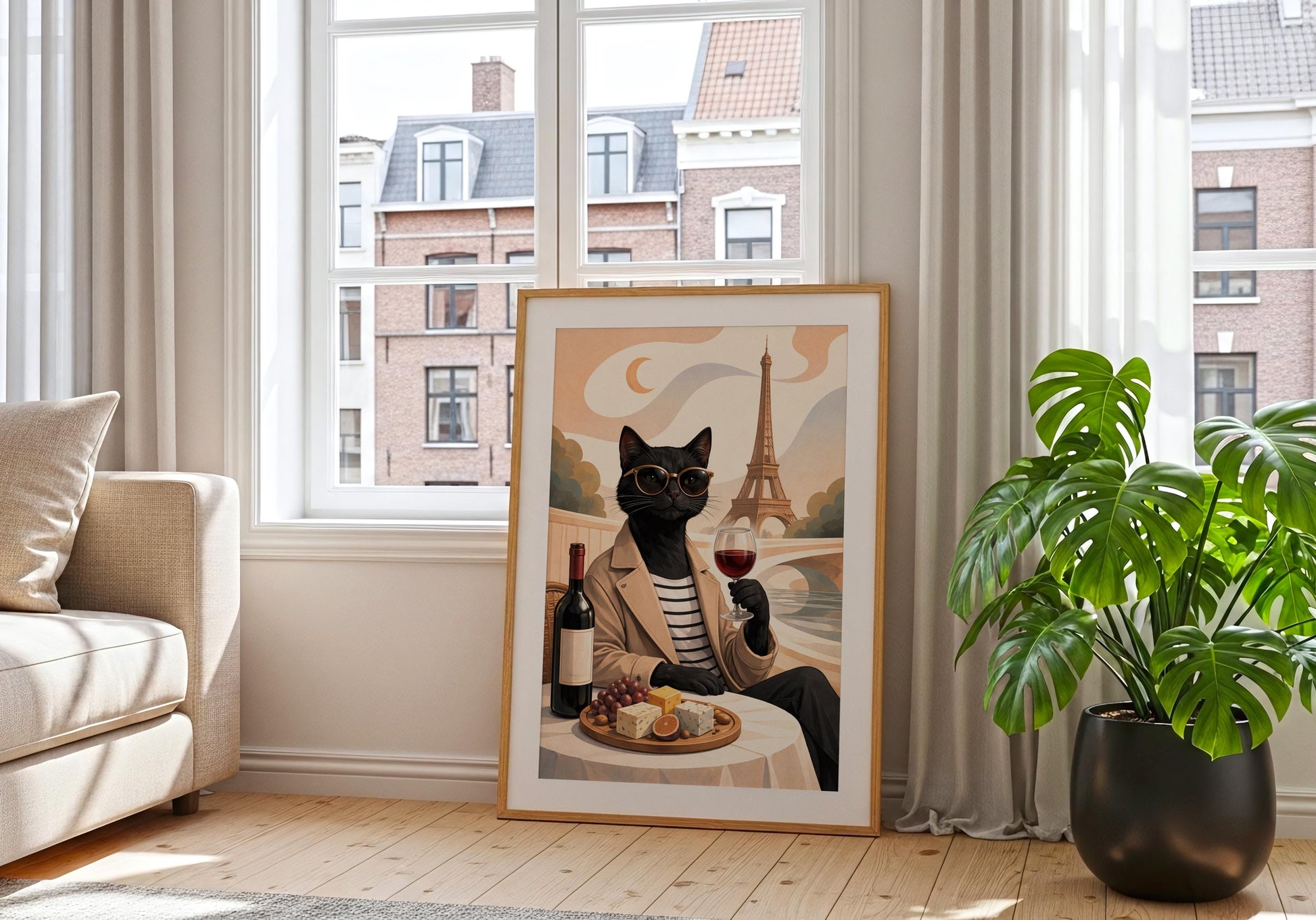 Modern Paris cat illustration with wine glass, elegant home decor
