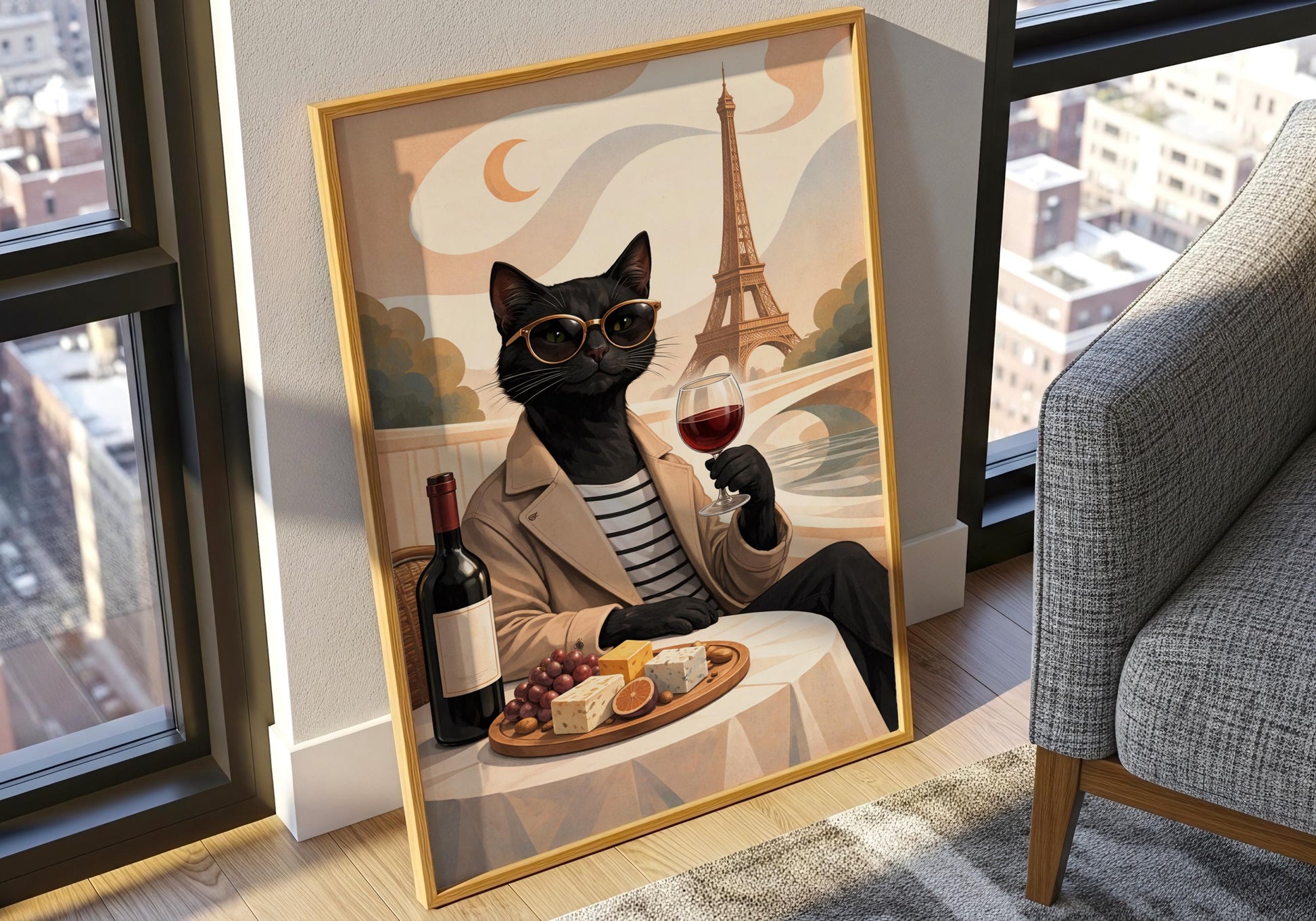 Black cat in Paris outfit holding wine, trendy wall art print