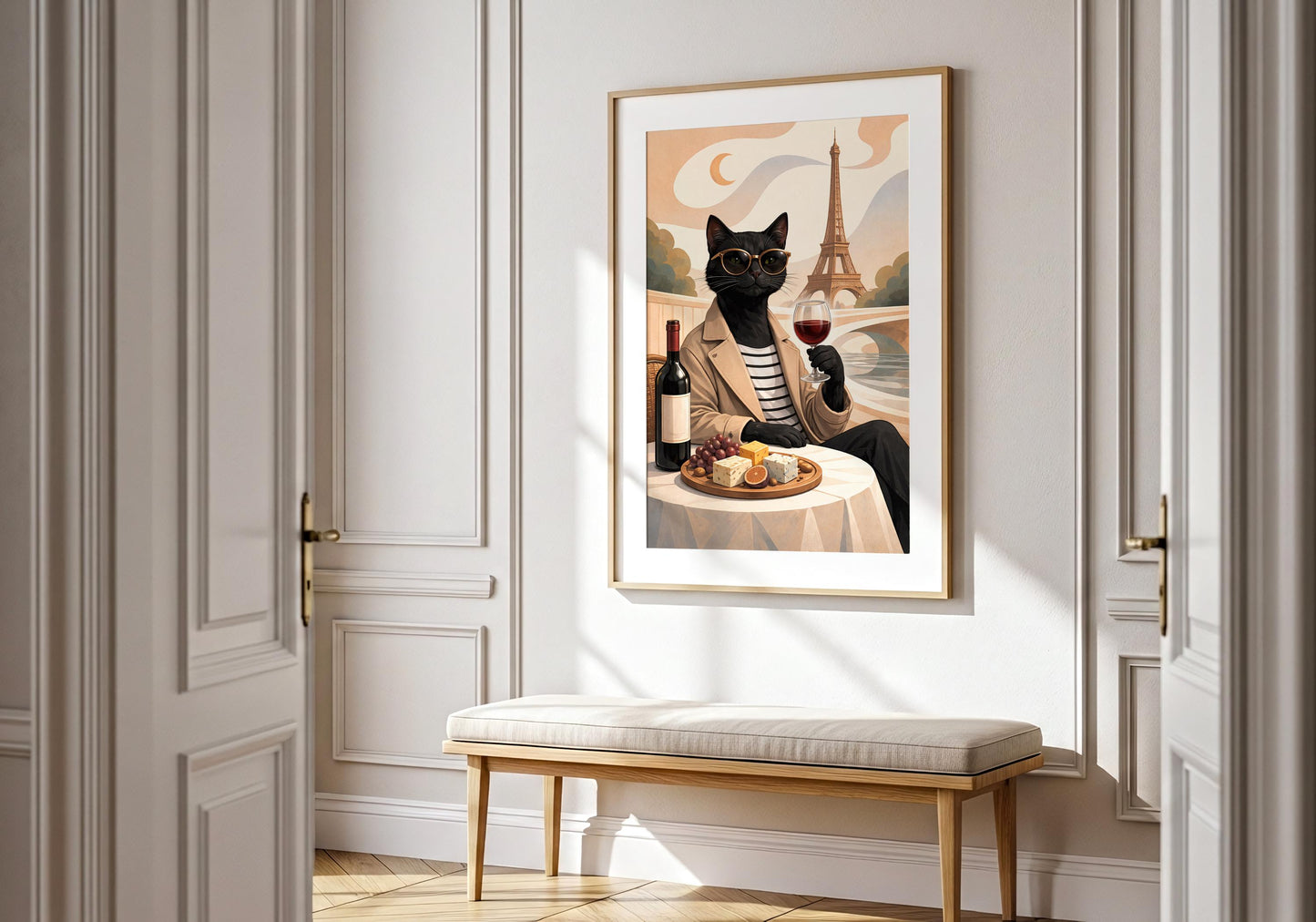 Fashion cat print with wine glass, French aesthetic gift for wine lovers