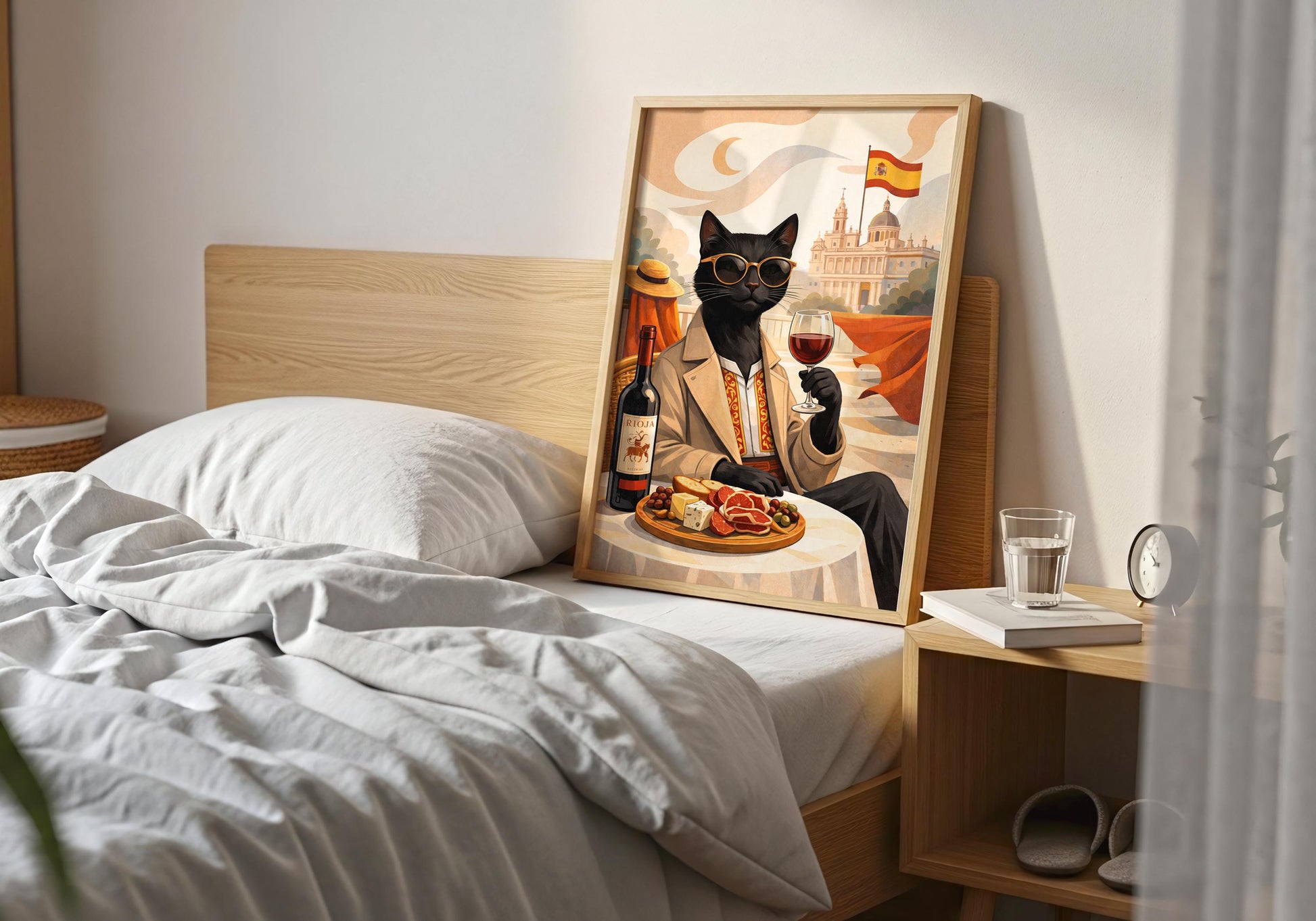 Black cat with wine and tapas, Spanish aesthetic home decor artwork