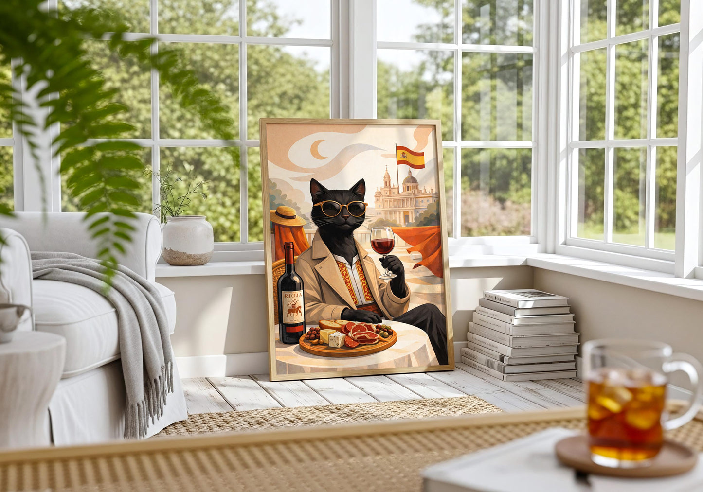 Cat drinking wine in Spain wall art, European lifestyle decor print