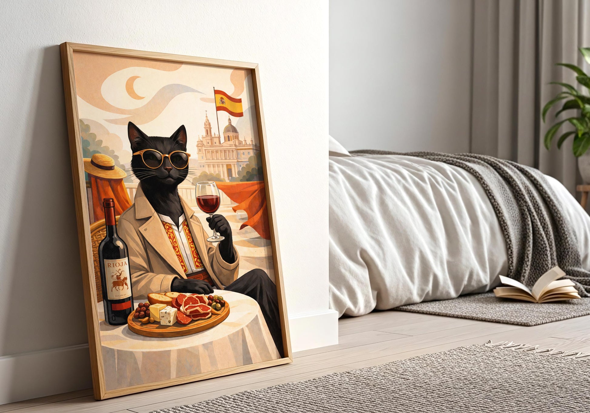 European cafe style cat wall art with wine, Spain inspired decor