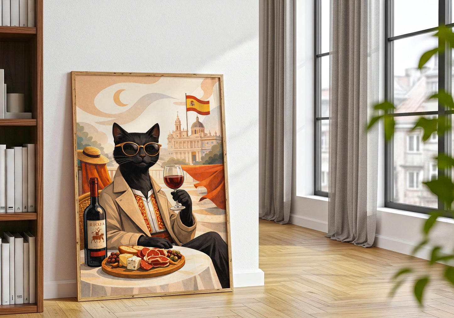 Cat wine lover gift with Spanish setting, tapas and wine illustration