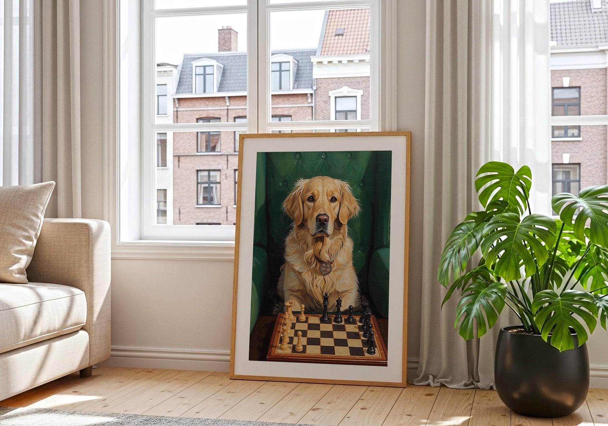 Chess lover gift with dog playing chess, classic portrait style print