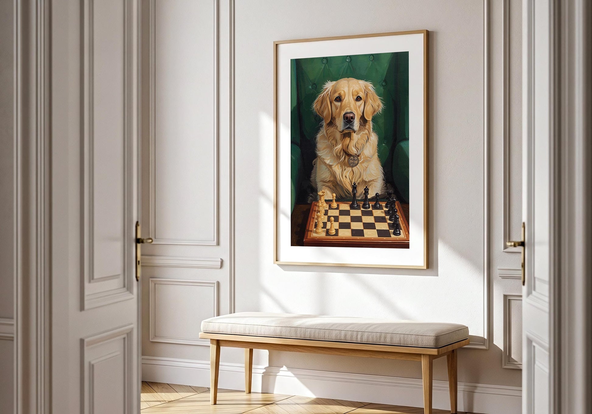 Dog playing chess print, unique gift for chess players and dog lovers