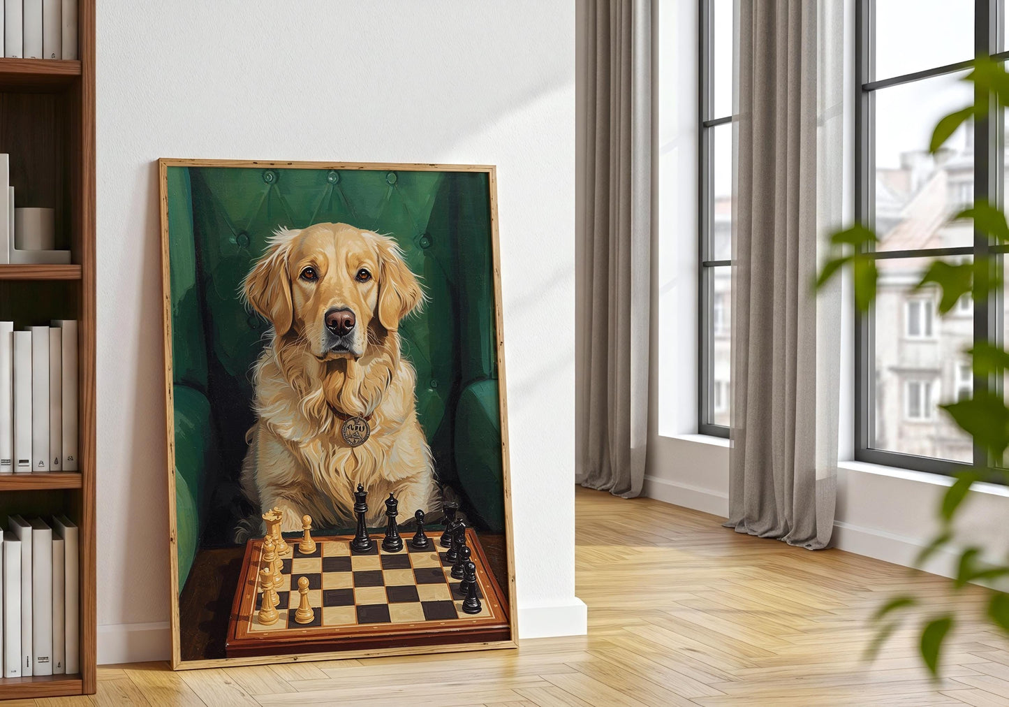 Realistic golden retriever chess illustration, classic style wall art