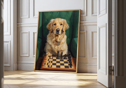 Golden retriever playing chess wall art print, funny smart dog illustration for chess lovers and unique home decor