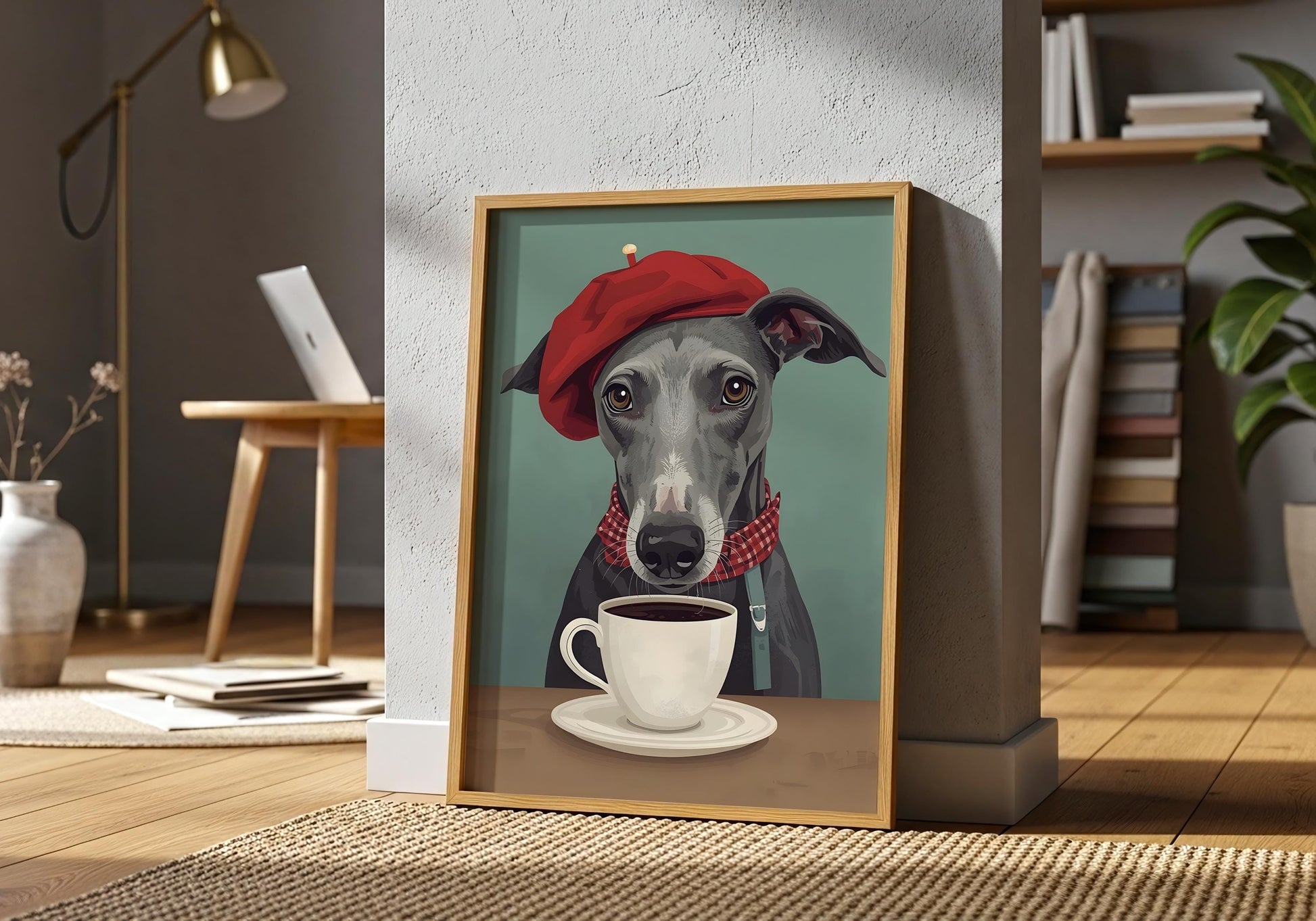 Italian greyhound coffee wall art, quirky dog illustration with coffee cup