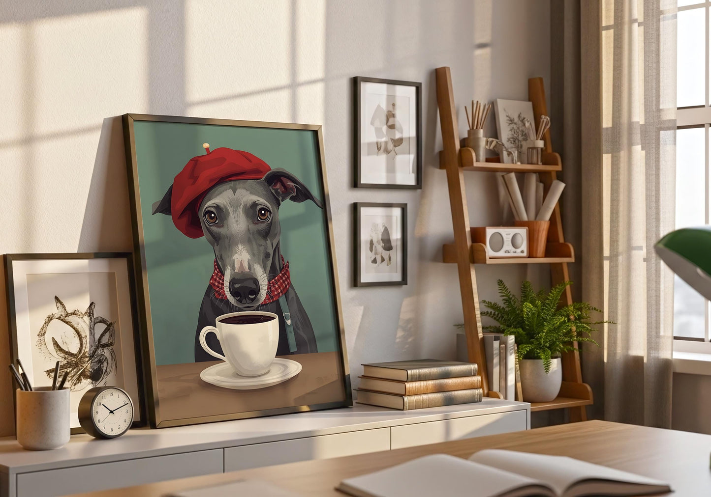 Dog with beret coffee print, french cafe style wall art decor
