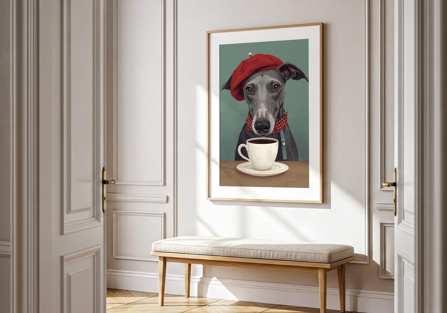 Dog coffee art print for kitchen or cafe decor, quirky pet illustration